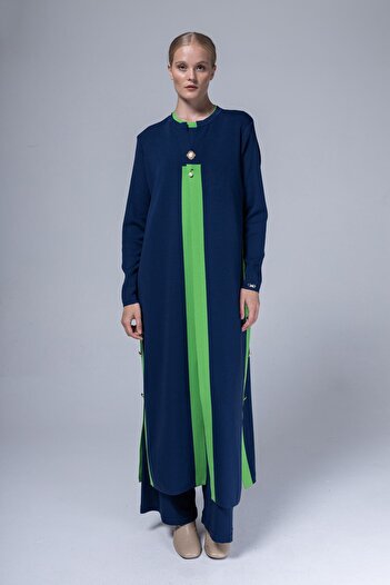 Niliwi 3062 Tkm - Long Cardigan and Undershirt Set with Slit Detail and Buttons
