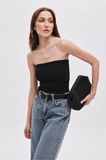 SHERIN Black Layered Strapless Knitwear Blouse