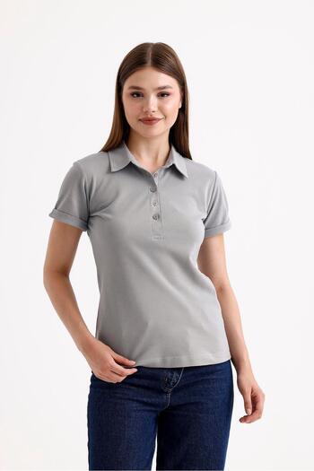 SWEETNESS Gray Cotton Short Sleeve Women's T-Shirt - Shirt Collar