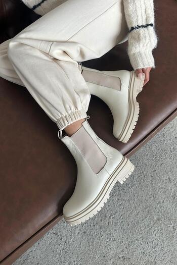 STRASWANS Helen Women's Rubber Detail Genuine Leather Boots Beige