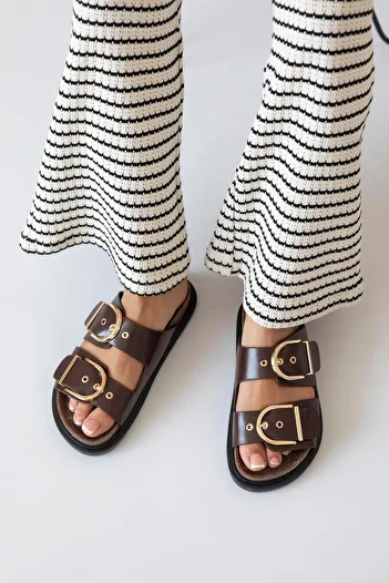 STRASWANS Zowie Women's - Buckle Detailed Casual Leather Slippers, Brown