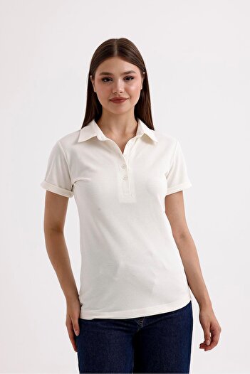 SWEETNESS Cream Colored Women's Cotton Shirt Collar T-Shirt