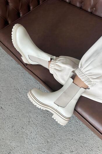STRASWANS Helen Women's Rubber Detail Genuine Leather Boots Beige