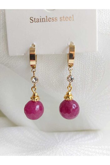 DEVİ fashion Fuchsia Crystal Quartz Stone Steel Earrings