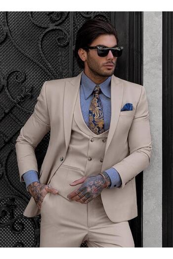 Salihtarzz Italian Cut Cream Suit - with Vest SD41027