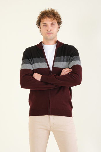 Giyim Dünyası Claret Red Men's Cardigan - Stand Collar and Zipper