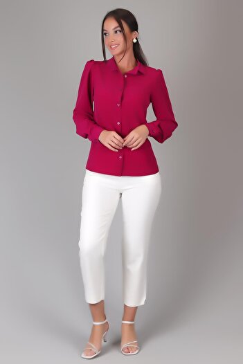 SWEETNESS Fuchsia Silk Fabric - Gathered Long Sleeve Women's Shirt