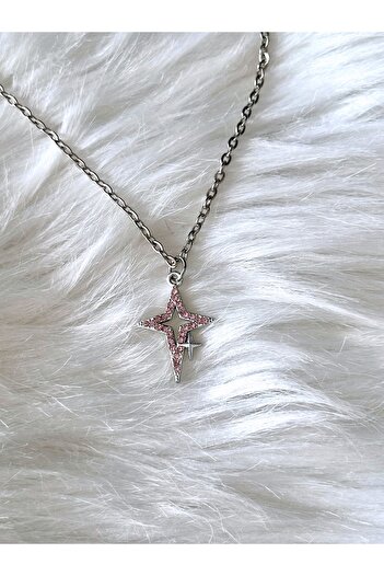 sleyshop zirkon taşlı pembe renk kuzey yıldızı kolye