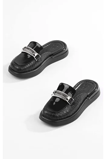 PARİS Papuci de damă cu piele neagră cu accesorii elegante