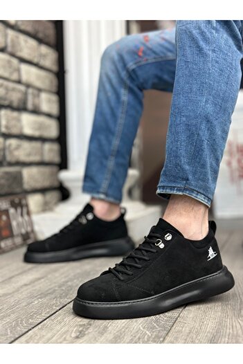 BOA BA0331 Lace-Up Men's High Sole Black Suede Black Sole Sports Shoes