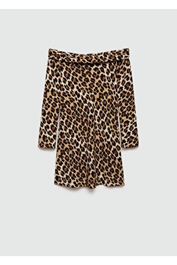 MANGO Woman Leopar Desenli Omzu Açık Elbise