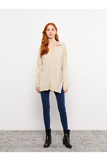 LC Waikiki Lw - Polo Collar Plain Long Sleeve Women's Knitwear Tunic