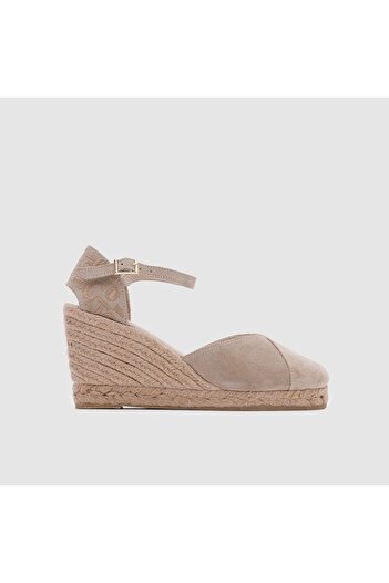 TOGO Bej Nubuk Kadın Espadril Dolgu Topuk Sandalet [060031]