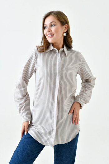 enmodaiçgiyim Brown-White Striped Long Basic Women's Shirt