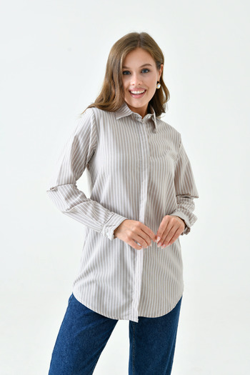 enmodaiçgiyim Brown-White Striped Long Basic Women's Shirt