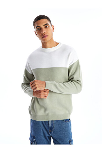 LC Waikiki Men's Knitwear Sweater - Crew Neck, Long Sleeve, Color Block