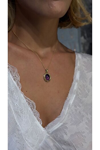 Amber MOR AMETİST TAŞI GÜMÜŞ KOLYE