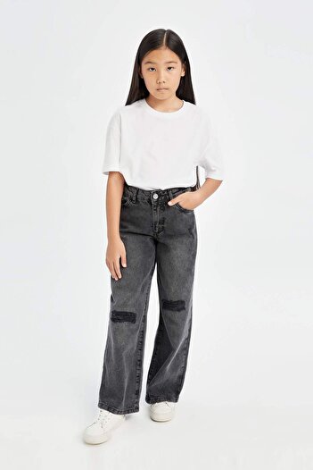 DeFacto DFM - Kız Çocuk Wide Leg Yırtık Detaylı Geniş Paça Pantolon