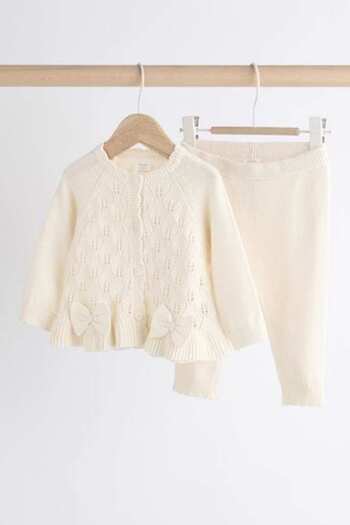 Next Baby Premium 100% Cotton Ecru Knitware - Cardigan and Tights Set