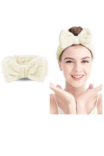 Toyaş Cream Colored Bow Plush Bandana - Makeup and Spa Hair Band