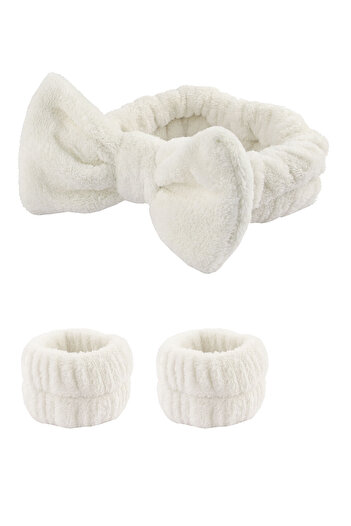 Toyaş Λευκή βελούδινη μπαντάνα - Μακιγιάζ Spa Hairband με φιόγκο και μανίκια