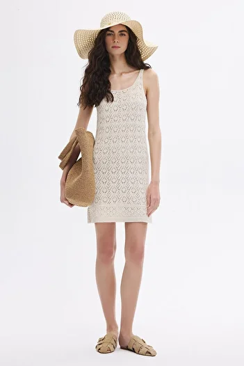 SHERIN Openwork Ecru Knitwear Mini Dress