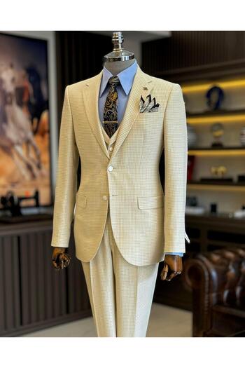 TerziAdemAltun Beige Slim FiT ITalian STyle HoundsTooTh PaTTerned JackeT VesT PanTs SeT - T12790