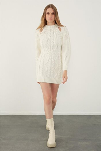 SHERIN Ecru Window Detailed High Collar Mini Knitwear Dress