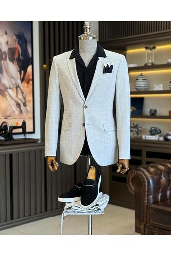 TerziAdemAltun Italian Style - Slim Fit Striped Jacket and Tie-Up Waist Trousers Set Gray T11812