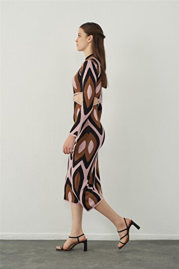 SHERIN Brown-Lilac Window Detailed Long Knitwear Dress