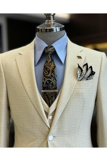 TerziAdemAltun Beige Slim FiT ITalian STyle HoundsTooTh PaTTerned JackeT VesT PanTs SeT - T12790
