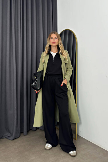Sue Store Olive Windbreaker Lined Buttoned Trench Coat