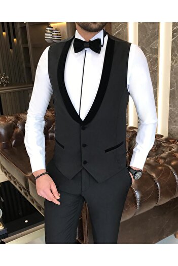 TerziAdemAltun Italian Cut Jacket Vest Pants Groom Suit Set Black T8191