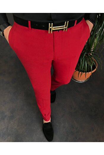 TerziAdemAltun Italian Style Slim Fit Men's Cloth Pants Red T5252