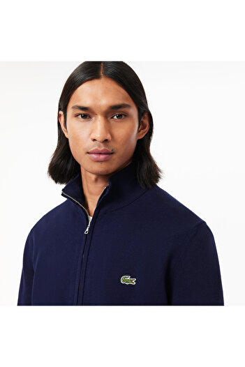 Lacoste Cardigan pentru bărbați, cu fermoar, din bumbac organic, albastru bleumarin