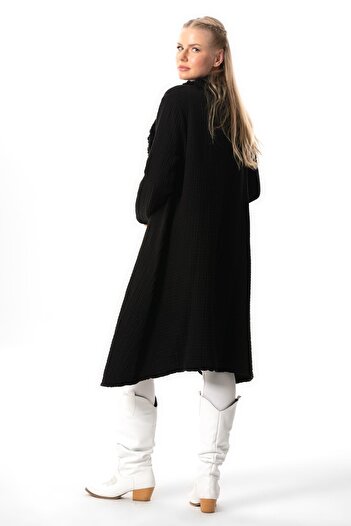 Eliş Şile Bezi Long Sleeve Muslin Jacket with Asymmetric Cut - Autumn and Winter, Black Black