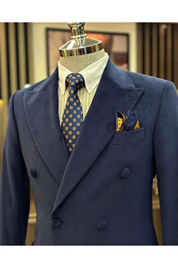 TerziAdemAltun Italian style velvet double-breasted men's single jacket navy blue T11036