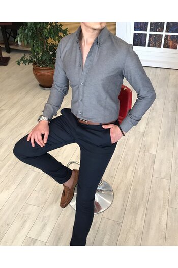 TerziAdemAltun Італійський стиль Slim Fit з прямим коміром Сатинова сорочка для чоловіків Сірий T4738