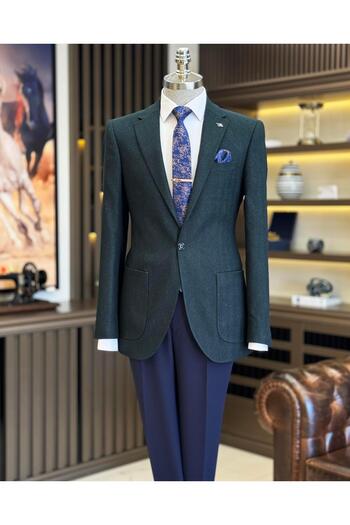 TerziAdemAltun Green Mono Collar Italian Style Men's Jacket - T10555
