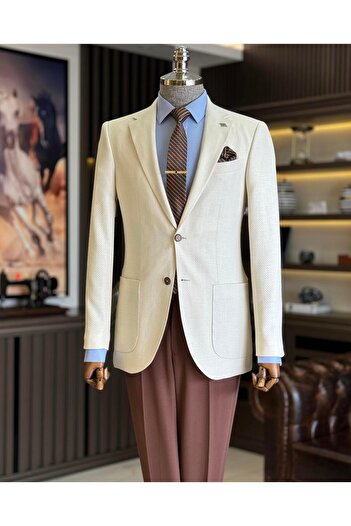 TerziAdemAltun Ανδρικό Slim Fit Mono Collar Ιταλικό Μπουφάν - Κρέμα T11532