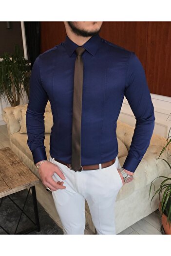 TerziAdemAltun Італійський стиль slim fit чоловіча краватка комір сорочка темно-синій T6814