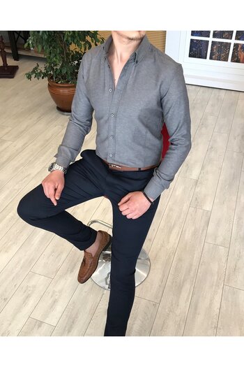 TerziAdemAltun Італійський стиль Slim Fit з прямим коміром Сатинова сорочка для чоловіків Сірий T4738