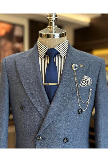 TerziAdemAltun Jachetă pentru bărbați în stil italian slim fit dublu piept albastru T10973