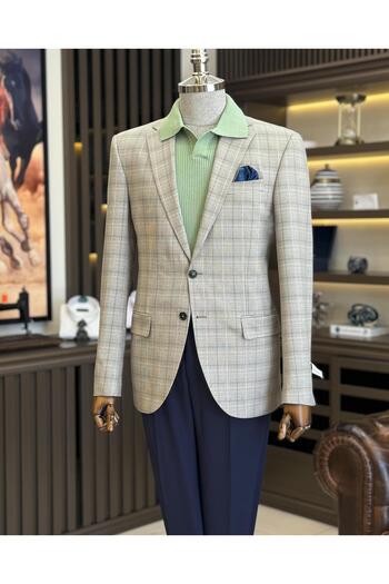 TerziAdemAltun Камел цвят мъжко сако с кариран десен и моно яка - Regular Fit T11527