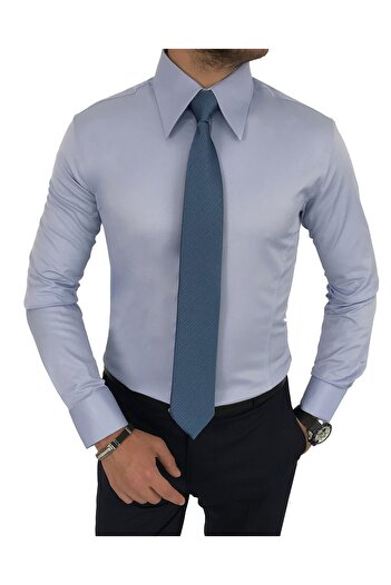 TerziAdemAltun Італійський стиль Slim Fit гострий комір сатенена чоловіча сорочка синя T7215