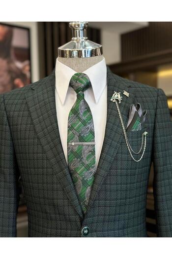 TerziAdemAltun Italian style slim fit mono collar plaid men's jacket green T10749