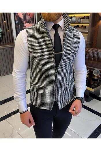 TerziAdemAltun Italian style houndstooth pattern prevailing collar zippered pocket vest black T10469