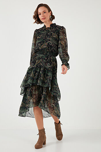 Lela Regular Fit Yaka Detaylı Volanlı Şifon Midi Elbise  ELBİSE 611EL1448