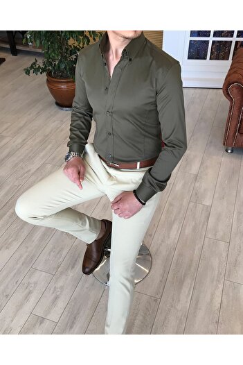 TerziAdemAltun Italian Style Slim Fit Stand Collar Satin Men's Shirt Khaki T4745