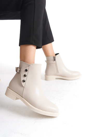 Limeo Low Heel Zippered Women's Cream Booties with Button and Buckle Detail